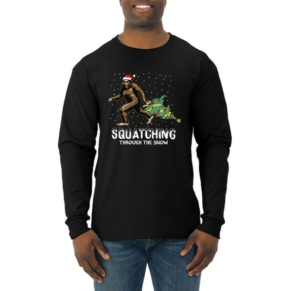 Wild Bobby, Squatching Through the Snow Bigfoot, Christmas, Men Long Sleeve Shirt, Black, Small