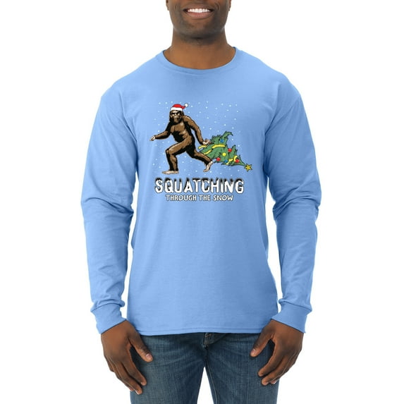 Wild Bobby, Squatching Through the Snow Bigfoot, Christmas, Men Long Sleeve Shirt, Light Blue, Small