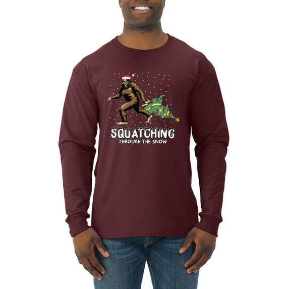 Wild Bobby, Squatching Through the Snow Bigfoot, Christmas, Men Long Sleeve Shirt, Maroon, 3X-Large
