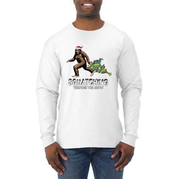 Wild Bobby, Squatching Through the Snow Bigfoot, Christmas, Men Long Sleeve Shirt, White, Small