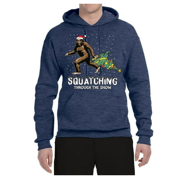 Wild Bobby, Squatching Through the Snow Bigfoot, Christmas, Unisex Graphic Hoodie Sweatshirt, Vintage Heather Navy, 3X-Large