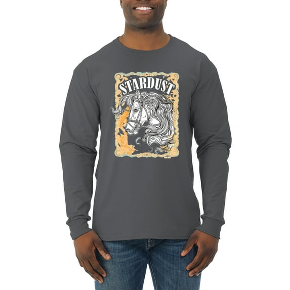 Wild Bobby Star Dust Horse Black and Yellow Distressed Vintage Men Long Sleeve Shirt, Charcoal, Small