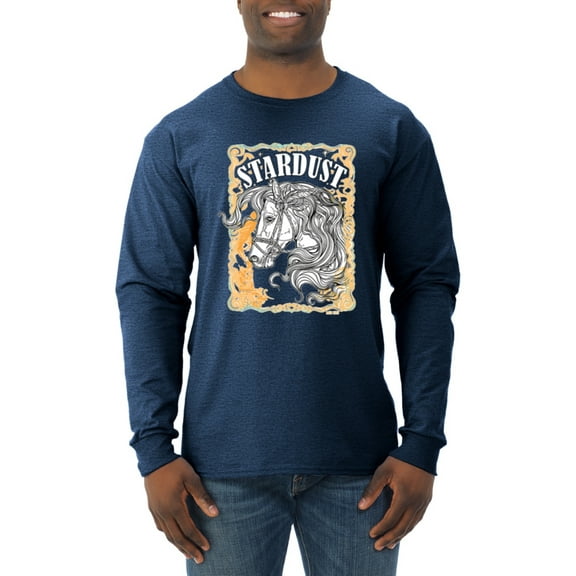 Wild Bobby Star Dust Horse Black and Yellow Distressed Vintage Men Long Sleeve Shirt, Vintage Heather Navy, Large