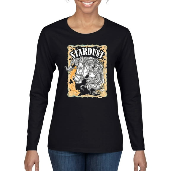Wild Bobby Star Dust Horse Black and Yellow Distressed Vintage Women Graphic Long Sleeve Tee, Black, Small