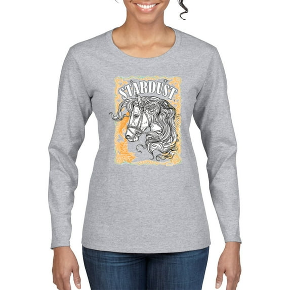 Wild Bobby Star Dust Horse Black and Yellow Distressed Vintage Women Graphic Long Sleeve Tee, Heather Grey, Small