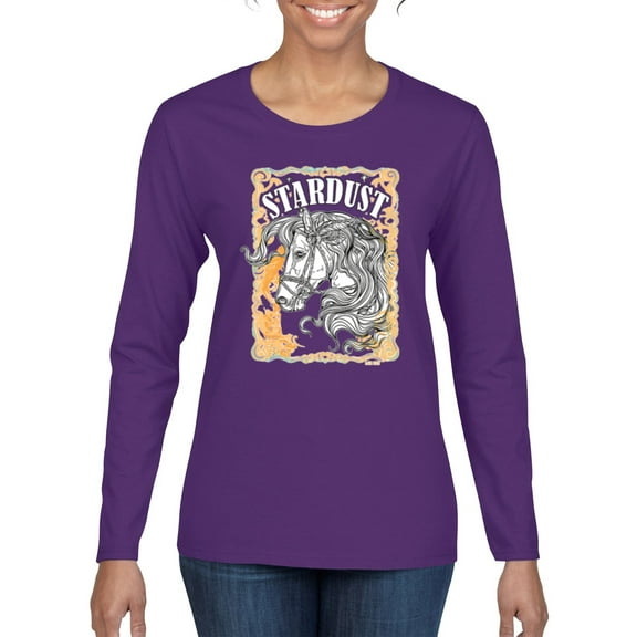 Wild Bobby Star Dust Horse Black and Yellow Distressed Vintage Women Graphic Long Sleeve Tee, Purple, Medium