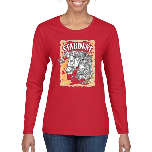 Wild Bobby Star Dust Horse Black and Yellow Distressed Vintage Women Graphic Long Sleeve Tee, Red, Medium