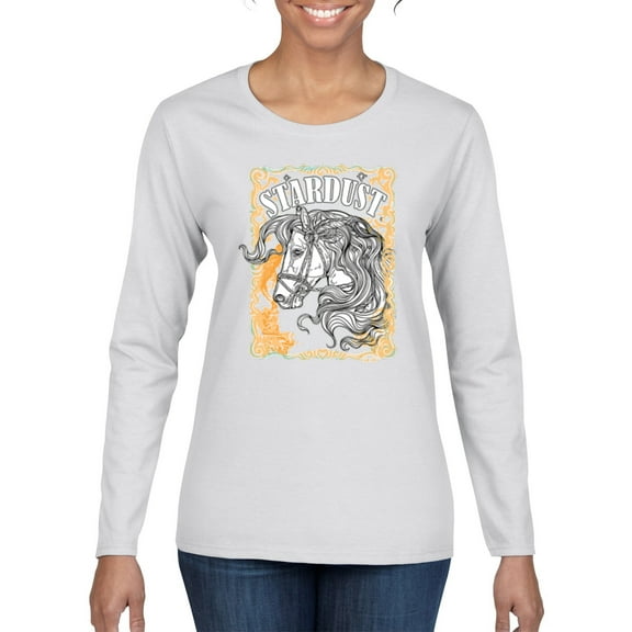 Wild Bobby Star Dust Horse Black and Yellow Distressed Vintage Women Graphic Long Sleeve Tee, White, X-Large