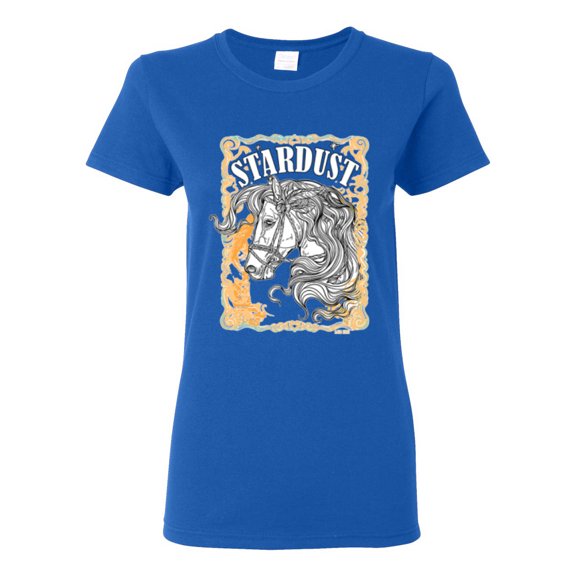 Wild Bobby Star Dust Horse Black and Yellow Distressed Vintage Women Graphic Tee, Royal, Medium