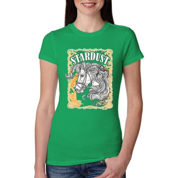 Wild Bobby Star Dust Horse Black and Yellow Distressed Vintage Women Slim Fit Junior Tee, Kelly, Small