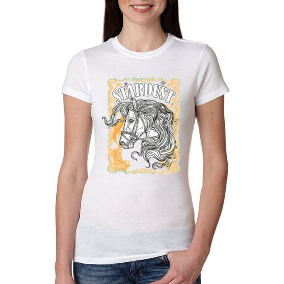 Wild Bobby Star Dust Horse Black and Yellow Distressed Vintage Women Slim Fit Junior Tee, White, X-Large
