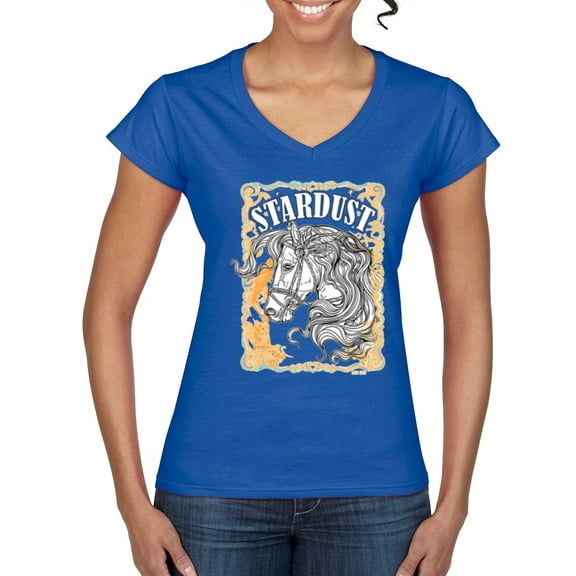 Wild Bobby Star Dust Horse Black and Yellow Distressed Vintage Women Standard V-Neck Tee, Royal, Medium