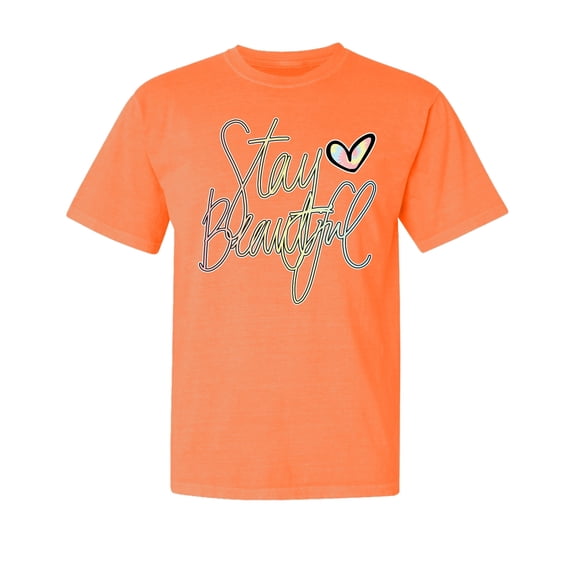 Wild Bobby,Stay Beautiful Positivity Quote Saying, Streetwear, Garment-Dyed Washed Look Short Sleeve T-Shirt, Neon Orange, Large
