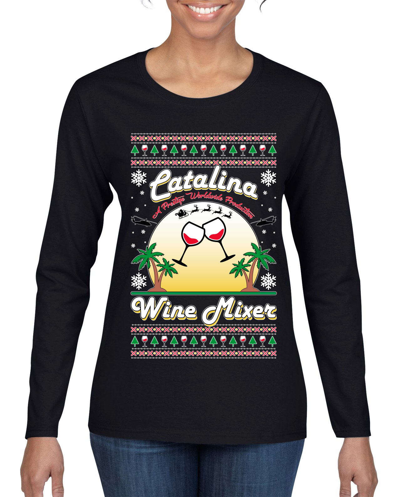 Wild Bobby Step Bros Catalina Wine Mixer Xmas Holiday Movie Humor Ugly Christmas Sweater Women Graphic Long Sleeve Tee, Black, Small - image 1 of 5