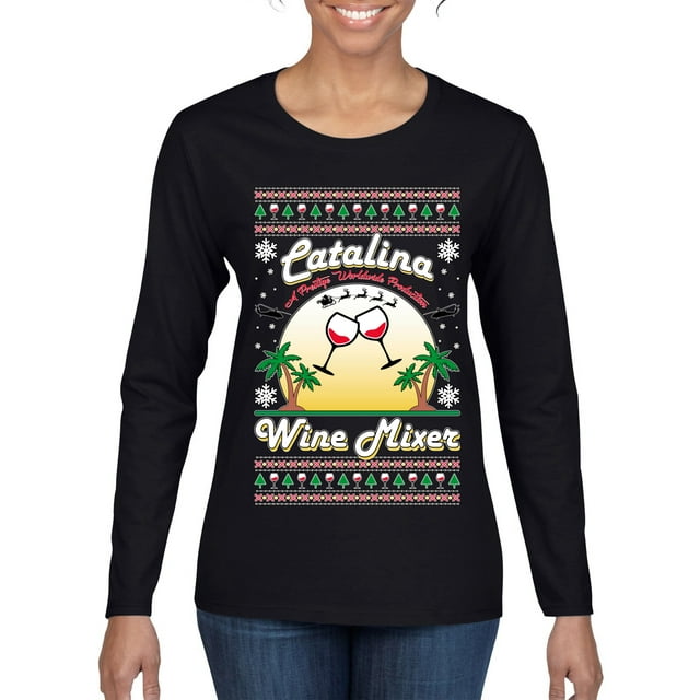 Wild Bobby Step Bros Catalina Wine Mixer Xmas Holiday Movie Humor Ugly Christmas Sweater Women Graphic Long Sleeve Tee, Black, Small