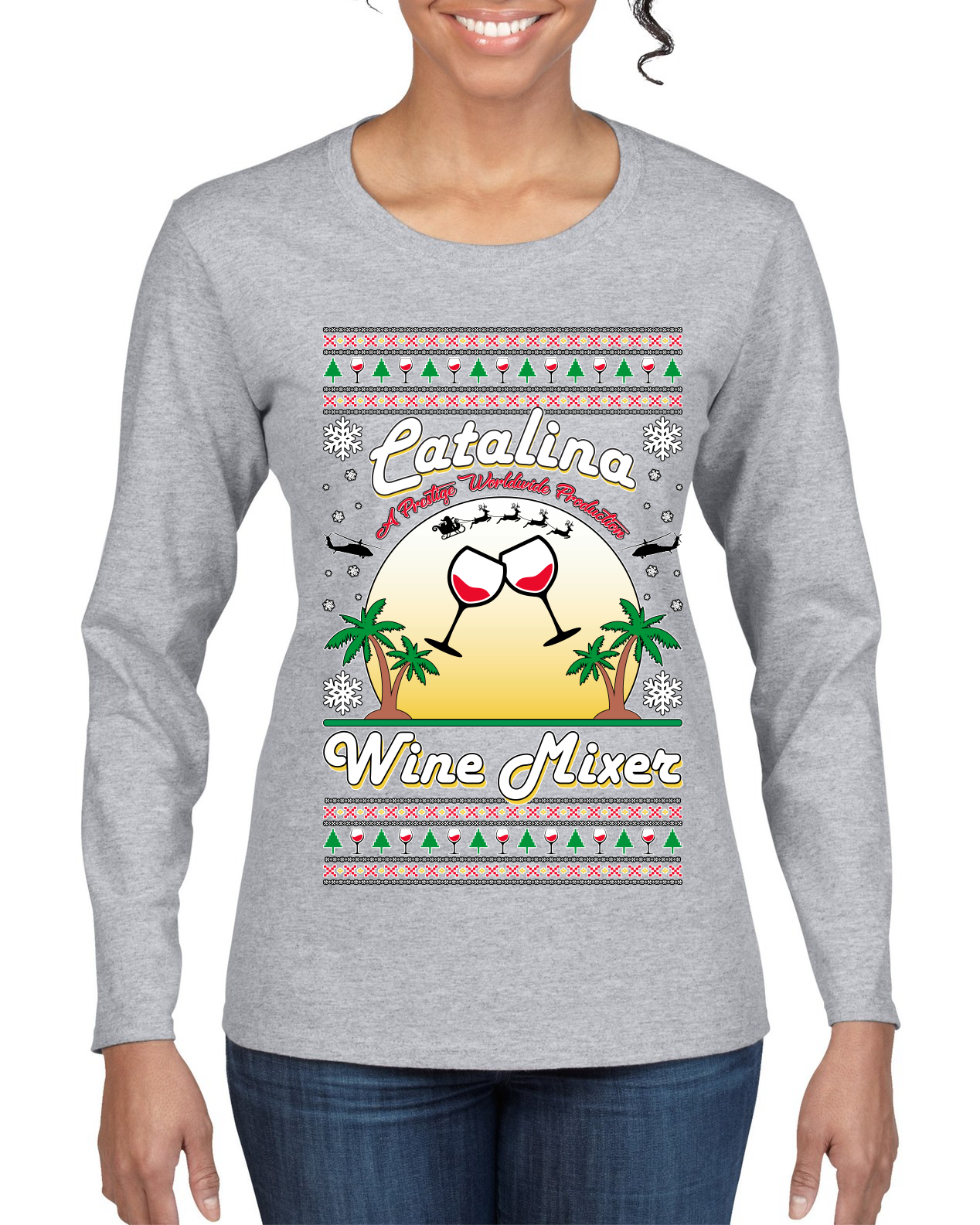 Wild Bobby Step Bros Catalina Wine Mixer Xmas Holiday Movie Humor Ugly Christmas Sweater Women Graphic Long Sleeve Tee, Heather Grey, Small - image 1 of 5