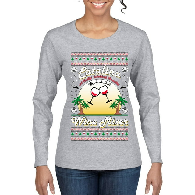 Wild Bobby Step Bros Catalina Wine Mixer Xmas Holiday Movie Humor Ugly Christmas Sweater Women Graphic Long Sleeve Tee, Heather Grey, Small