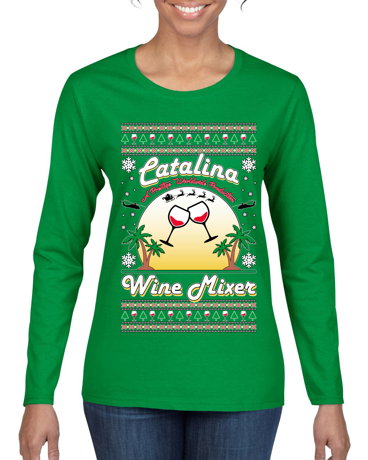 Wild Bobby, Step Bros Catalina Wine Mixer Xmas Holiday Movie Humor Ugly Christmas Sweater Women Graphic Long Sleeve Tee, Kelly, Small - image 1 of 5