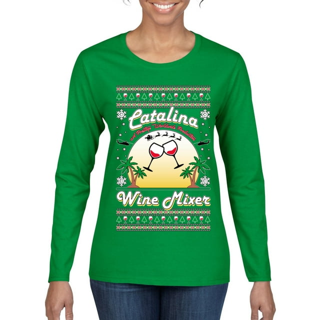 Wild Bobby, Step Bros Catalina Wine Mixer Xmas Holiday Movie Humor Ugly Christmas Sweater Women Graphic Long Sleeve Tee, Kelly, Small