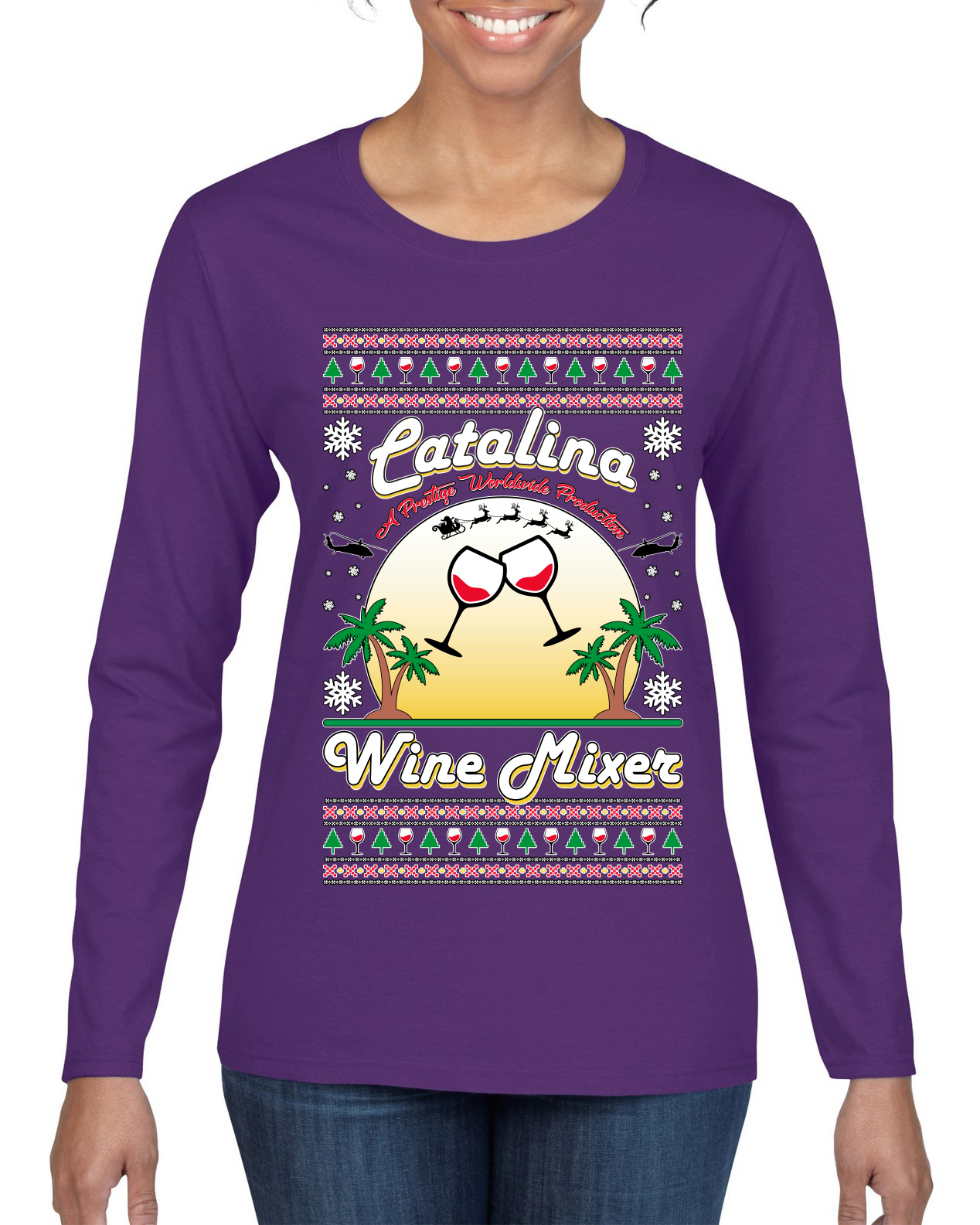 Wild Bobby Step Bros Catalina Wine Mixer Xmas Holiday Movie Humor Ugly Christmas Sweater Women Graphic Long Sleeve Tee, Purple, X-Large - image 1 of 5