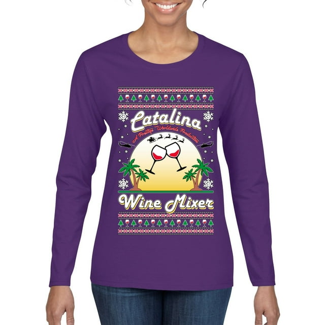 Wild Bobby Step Bros Catalina Wine Mixer Xmas Holiday Movie Humor Ugly Christmas Sweater Women Graphic Long Sleeve Tee, Purple, X-Large