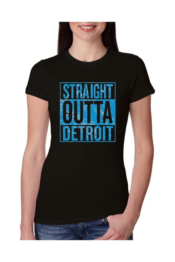 , Straight Outta Detroit DET Fan Fantasy Football, Sports, Women Slim Fit Junior Tee, Black, Medium