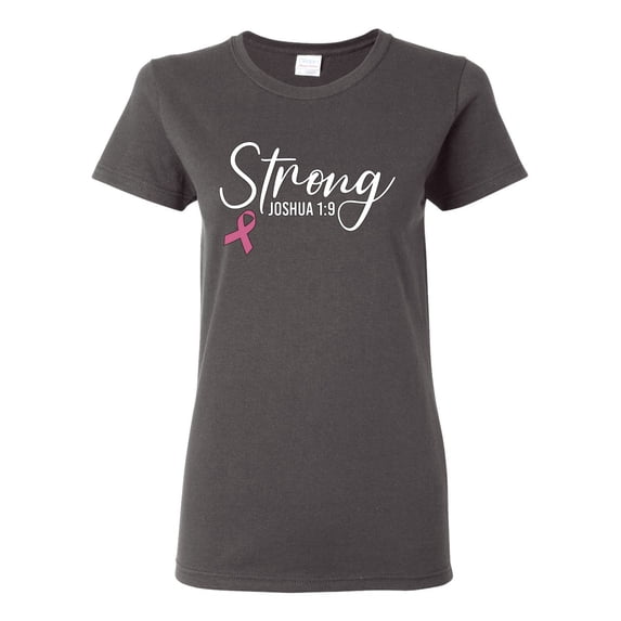 Wild Bobby Strong Joshua 1:9 Breast Cancer Breast Cancer Awareness Women Graphic Tee, Charcoal, Medium