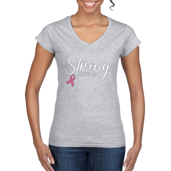Wild Bobby Strong Joshua 1:9 Breast Cancer Breast Cancer Awareness Women Standard V-Neck Tee, Heather Grey, X-Large