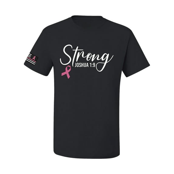 Wild Bobby Strong Joshua 1:9 Breast Cancer US Flag Breast Cancer Awareness Men Tee, Black, Small