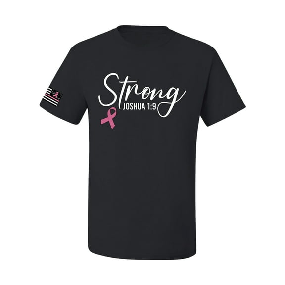 Wild Bobby Strong Joshua 1:9 Breast Cancer US Flag Breast Cancer Awareness Men Tee, Black, XX-Large