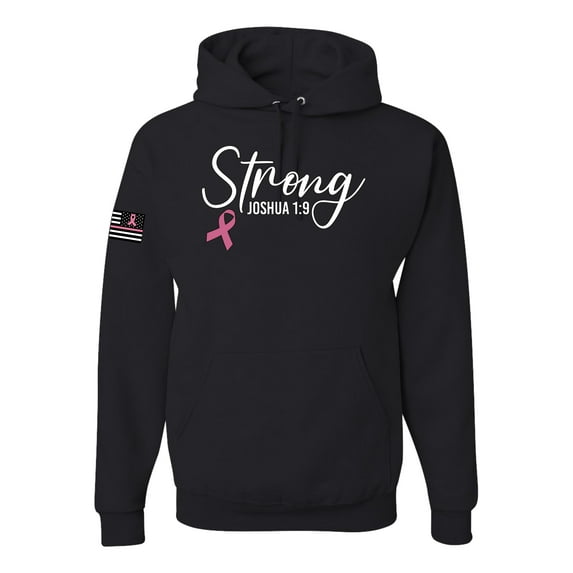 Wild Bobby Strong Joshua 1:9 Breast Cancer US Flag Breast Cancer Awareness Unisex Hoodie Sweatshirt, Black, Small