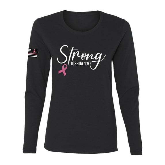 Wild Bobby Strong Joshua 1:9 Breast Cancer US Flag Breast Cancer Awareness Women Graphic Long Sleeve Tee, Black, Small