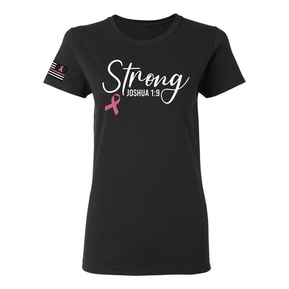Wild Bobby Strong Joshua 1:9 Breast Cancer US Flag Breast Cancer Awareness Women Graphic Tee, Black, Small