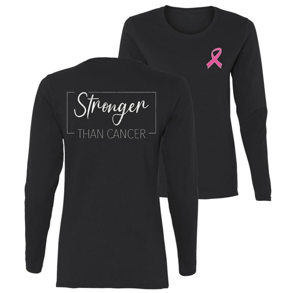 Wild Bobby Stronger Than Cancer Distressed Breast Cancer Awareness Front and Back Womens Graphic Long Sleeve T-Shirt, Black, Small