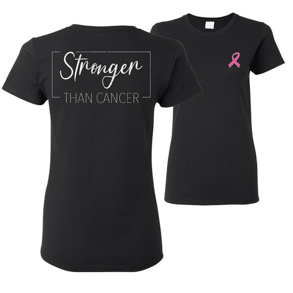 Wild Bobby Stronger Than Cancer Distressed Breast Cancer Awareness Front and Back Womens Graphic T-Shirt, Black, Small