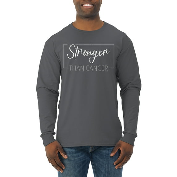 Wild Bobby Stronger Than Cancer Distressed Breast Cancer Awareness Men Long Sleeve Shirt, Charcoal, Medium