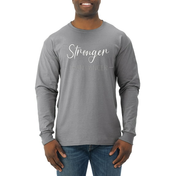 Wild Bobby Stronger Than Cancer Distressed Breast Cancer Awareness Men Long Sleeve Shirt, Heather Grey, Large