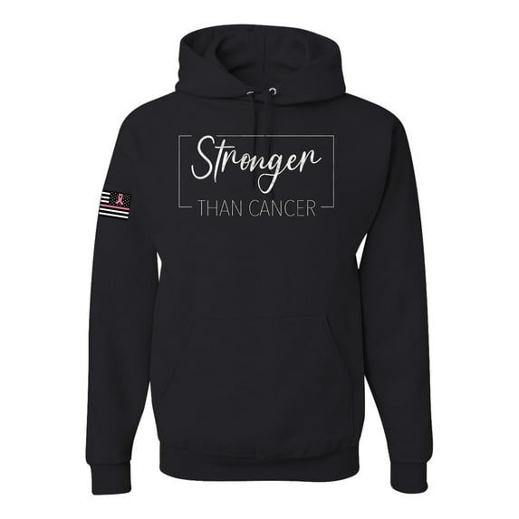 Wild Bobby Stronger Than Cancer Distressed US Flag Breast Cancer Awareness Unisex Hoodie Sweatshirt, Black, Medium