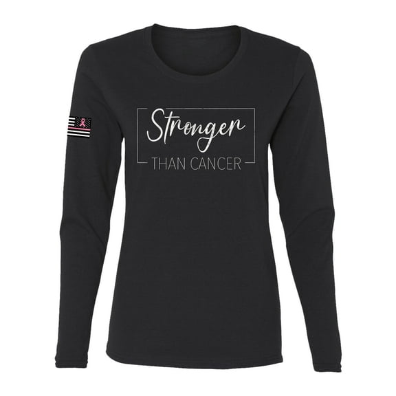 Wild Bobby Stronger Than Cancer Distressed US Flag Breast Cancer Awareness Women Graphic Long Sleeve Tee, Black, Small