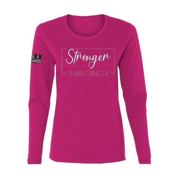 Wild Bobby Stronger Than Cancer Distressed US Flag Breast Cancer Awareness Women Graphic Long Sleeve Tee, Fuschia, Large