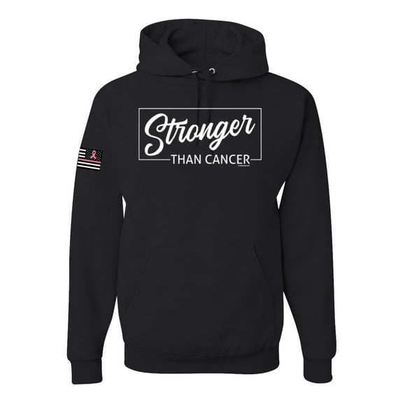 Wild Bobby, Stronger than Cancer USA Flag Sleeve Breast Cancer Awareness Unisex Hoodie Sweatshirt, Black, Small