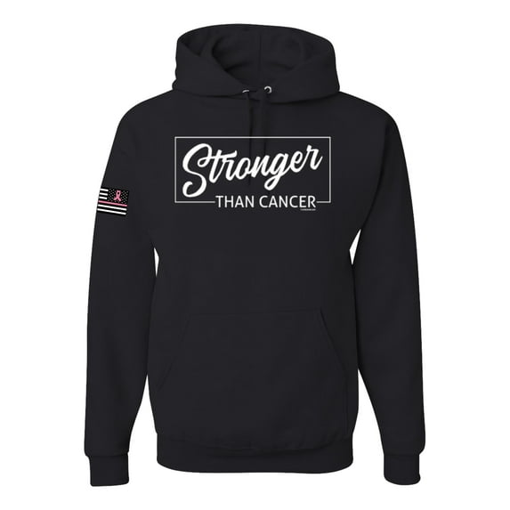 Wild Bobby, Stronger than Cancer USA Flag Sleeve Breast Cancer Awareness Unisex Hoodie Sweatshirt, Black, Small