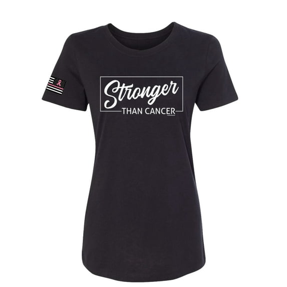 Wild Bobby Stronger than Cancer USA Flag Sleeve Breast Cancer Awareness Women Slim Fit Junior Tee, Black, Small