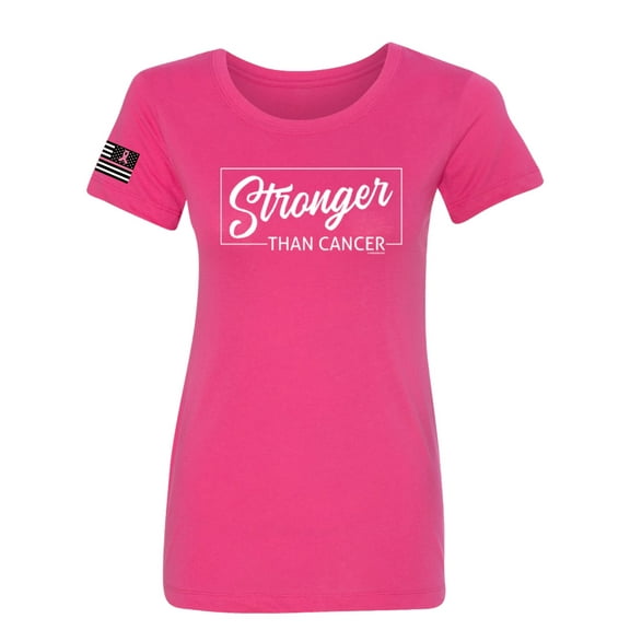Wild Bobby, Stronger than Cancer USA Flag Sleeve Breast Cancer Awareness Women Slim Fit Junior Tee, Raspberry, Medium