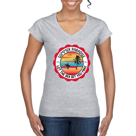 Wild Bobby Summer Paradise Let the Sea Set You Free Women Standard V-Neck Tee