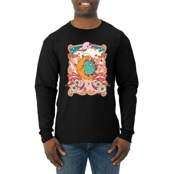 Wild Bobby Sun and Moon Groovy Vintage Daisy Flowers Stars Vintage Men Long Sleeve Shirt, Black, Small
