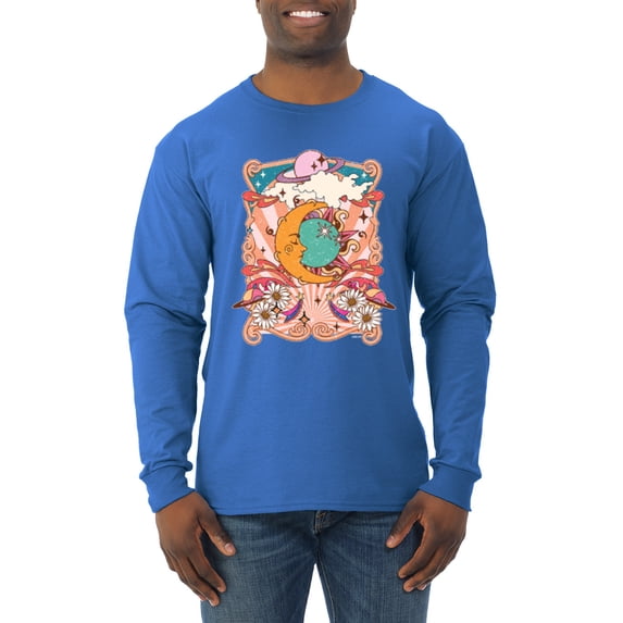 Wild Bobby Sun and Moon Groovy Vintage Daisy Flowers Stars Vintage Men Long Sleeve Shirt, Royal, Large