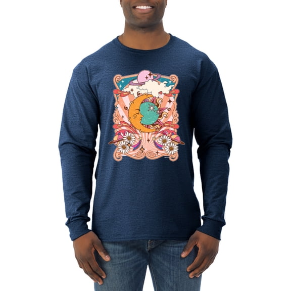Wild Bobby Sun and Moon Groovy Vintage Daisy Flowers Stars Vintage Men Long Sleeve Shirt, Vintage Heather Navy, Small