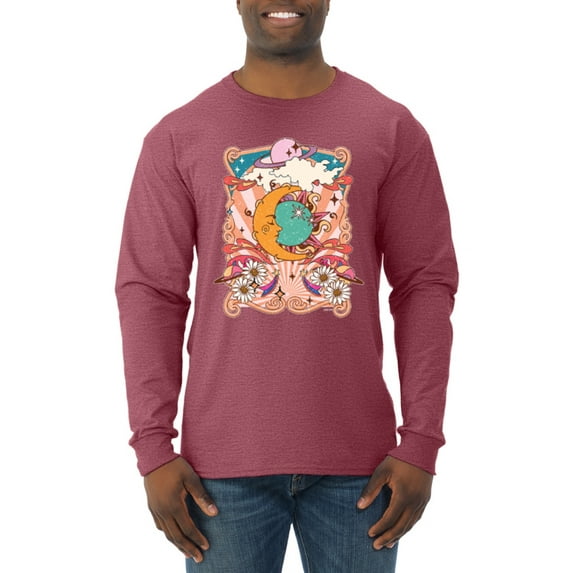 Wild Bobby Sun and Moon Groovy Vintage Daisy Flowers Stars Vintage Men Long Sleeve Shirt, Vintage Heather Red, Small