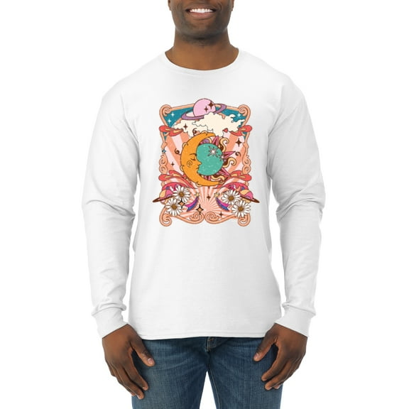 Wild Bobby Sun and Moon Groovy Vintage Daisy Flowers Stars Vintage Men Long Sleeve Shirt, White, X-Large